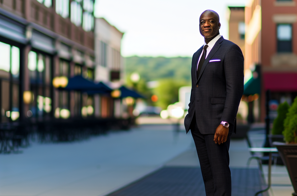 Business leader in a New Jersey downtown setting representing motivation, education, and community involvement