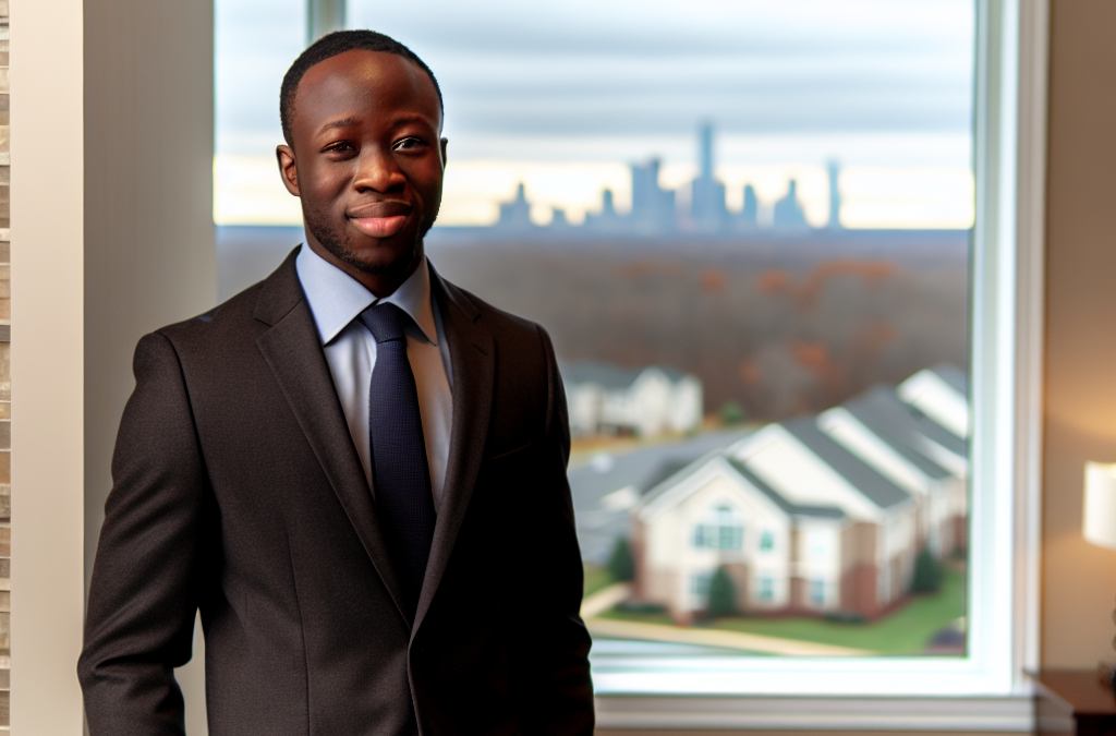 Entrepreneur in a modern New Jersey office reflecting on motivation, education, and community leadership