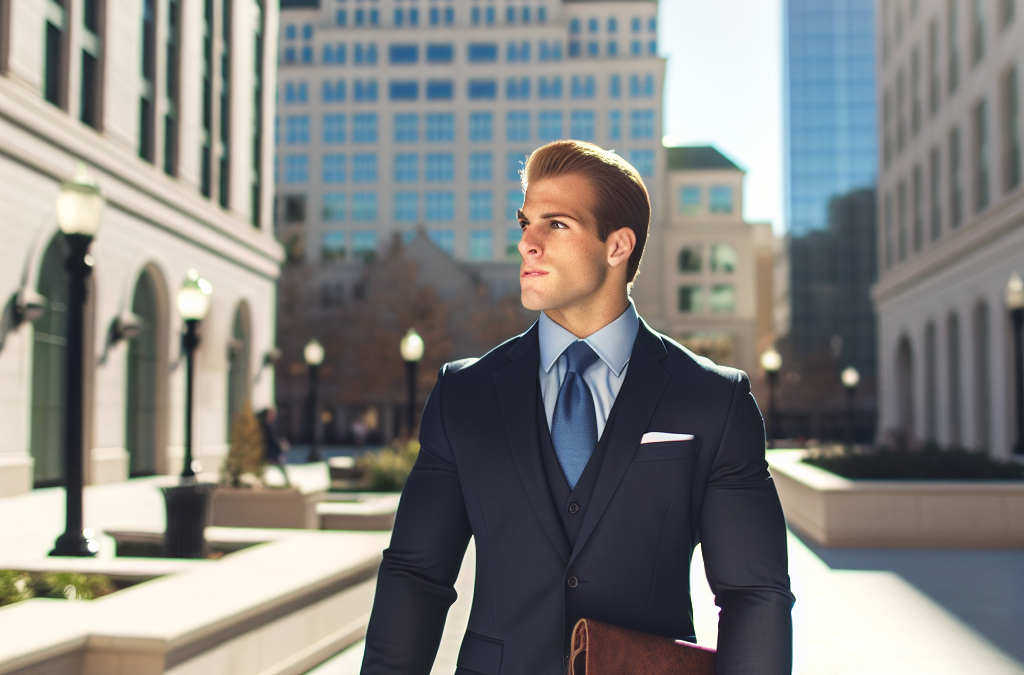 Martin Eagan walking through a New Jersey downtown area in a suit with a portfolio, representing motivation, real estate law, education, and community leadership