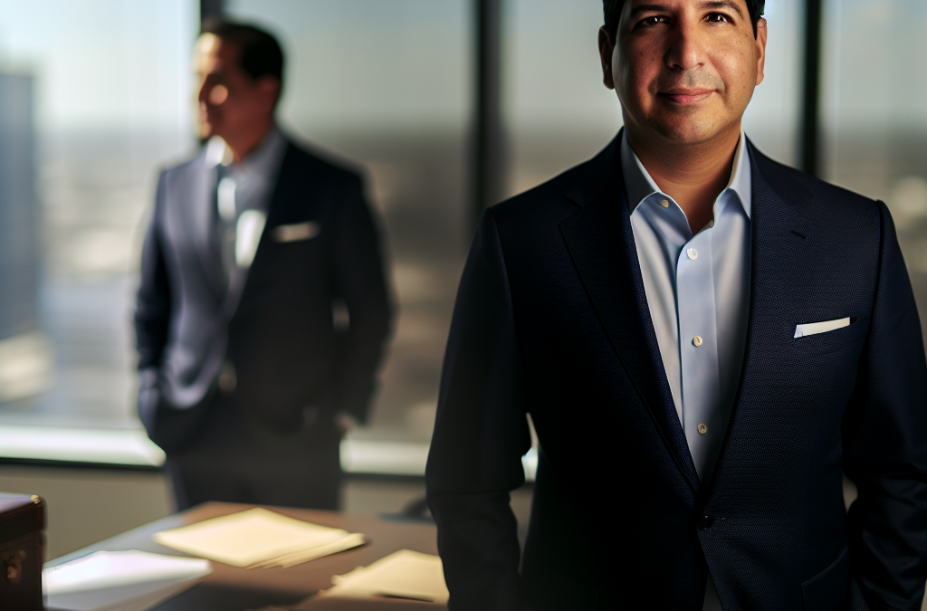 Businessman and attorney in a modern New Jersey office representing motivation, real estate law, and community leadership